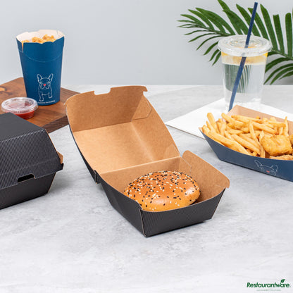 Wholesale Restaurantware Black Paper Burger Box - Ripple Wall - 4" X 4" X 3 3/4"- Bulk