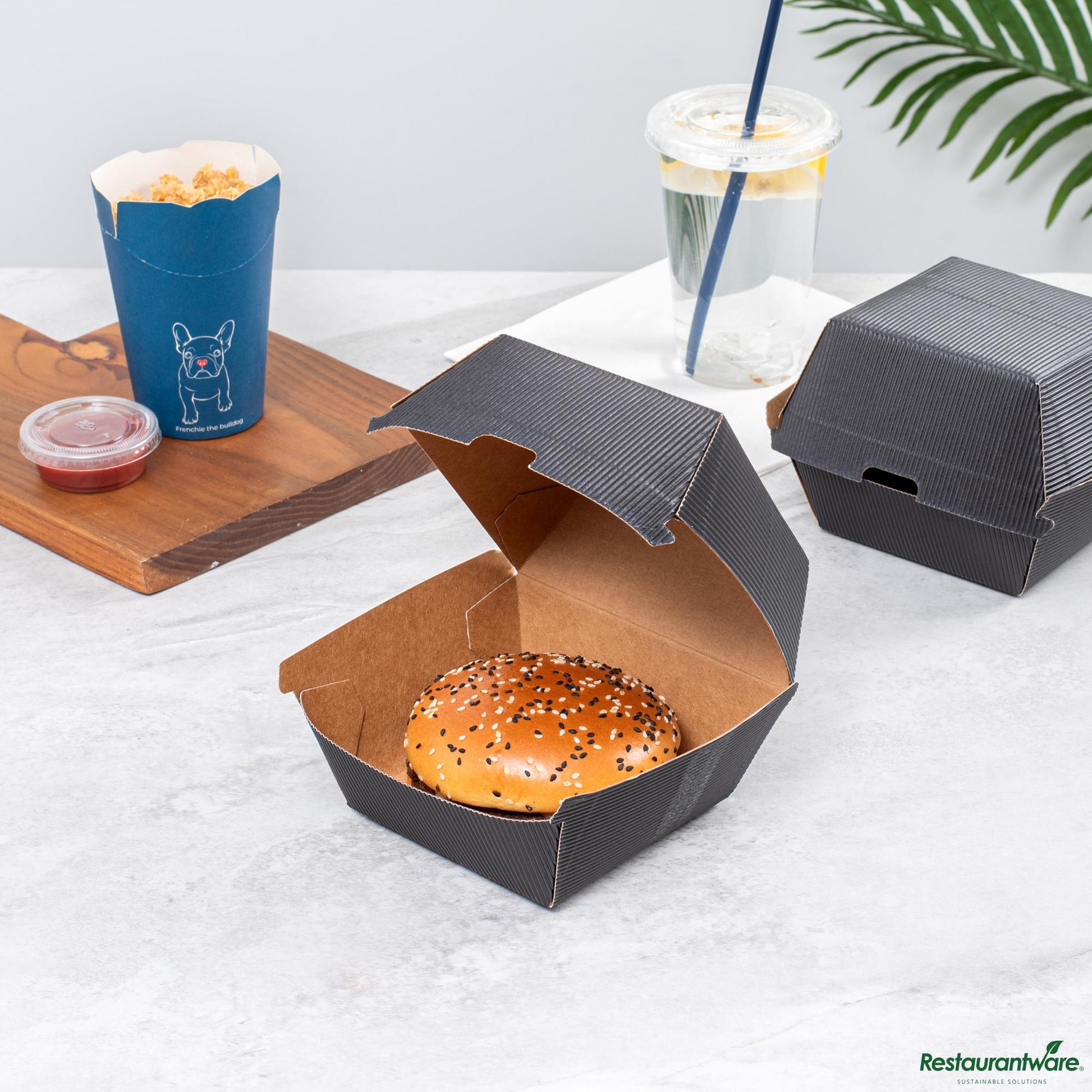 Wholesale Restaurantware Black Paper Burger Box - Ripple Wall - 4" X 4" X 3 3/4"- Bulk