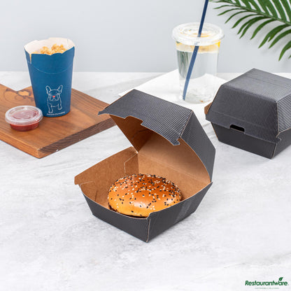 Wholesale Restaurantware Black Paper Burger Box - Ripple Wall - 4" X 4" X 3 3/4"- Bulk