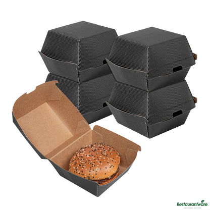 Wholesale Restaurantware Black Paper Burger Box - Ripple Wall - 4" X 4" X 3 3/4"- Bulk