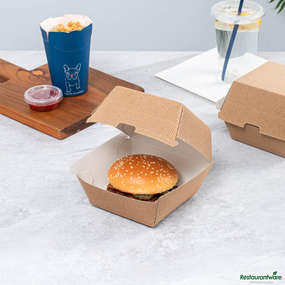 Wholesale Restaurantware Kraft Paper Burger Box - Ripple Wall - 4" X 4" X 3 3/4"- Bulk