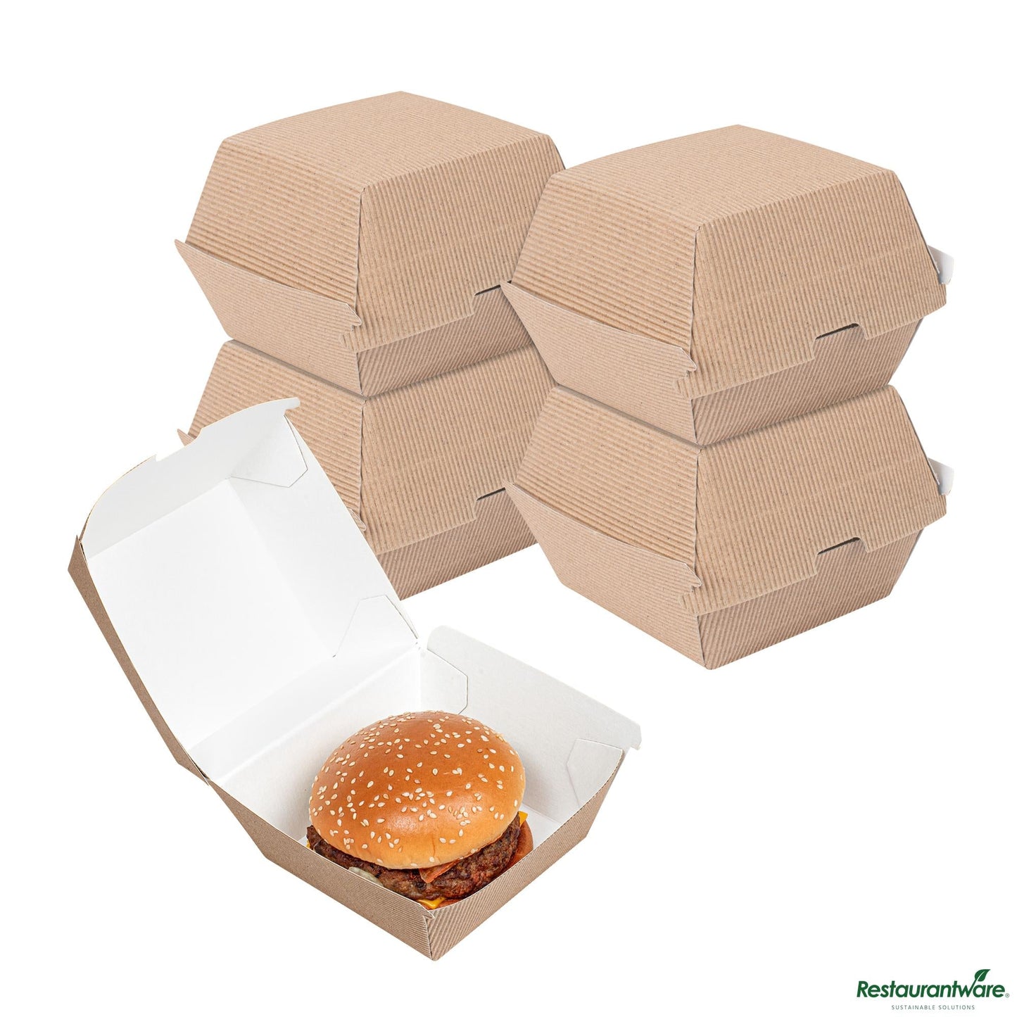 Wholesale Restaurantware Kraft Paper Burger Box - Ripple Wall - 4" X 4" X 3 3/4"- Bulk