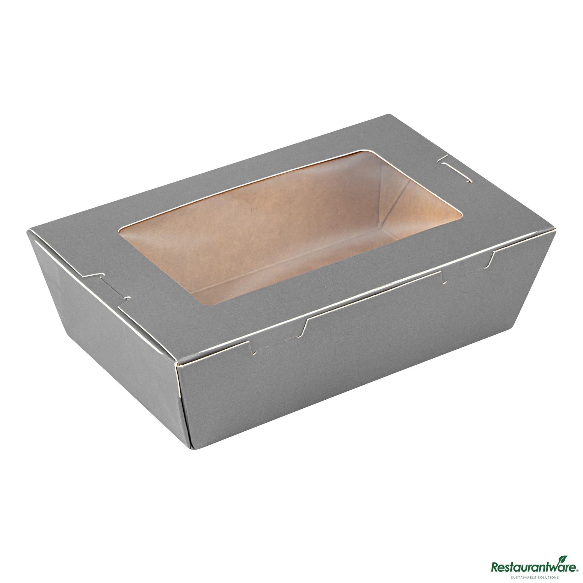 Wholesale Restaurantware Cafe Vision 21 Oz Gray Paper Take Out Container - Hinge Lock - 6 1/4" X 4" X 1 3/4"- Bulk