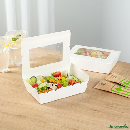 Wholesale Restaurantware Cafe Vision 42 Oz White Paper Medium Take Out Container - Hinge Lock - 8" X 5 1/2" X 2"- Bulk