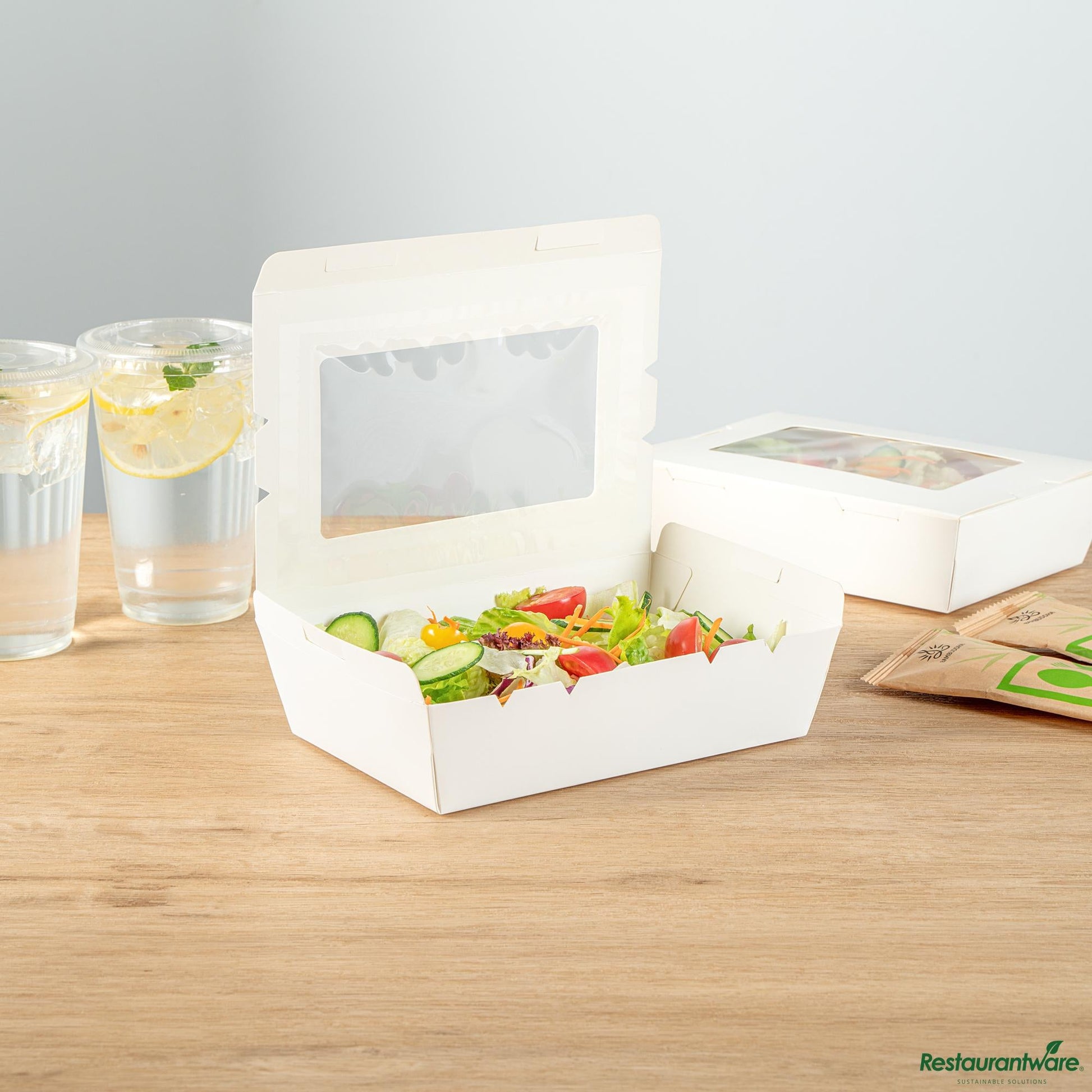 Wholesale Restaurantware Cafe Vision 42 Oz White Paper Medium Take Out Container - Hinge Lock - 8" X 5 1/2" X 2"- Bulk