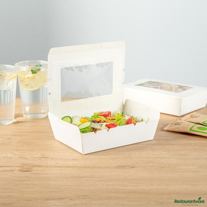 Wholesale Restaurantware Cafe Vision 42 Oz White Paper Medium Take Out Container - Hinge Lock - 8" X 5 1/2" X 2"- Bulk