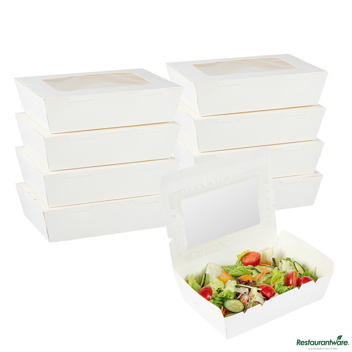 Wholesale Restaurantware Cafe Vision 42 Oz White Paper Medium Take Out Container - Hinge Lock - 8" X 5 1/2" X 2"- Bulk