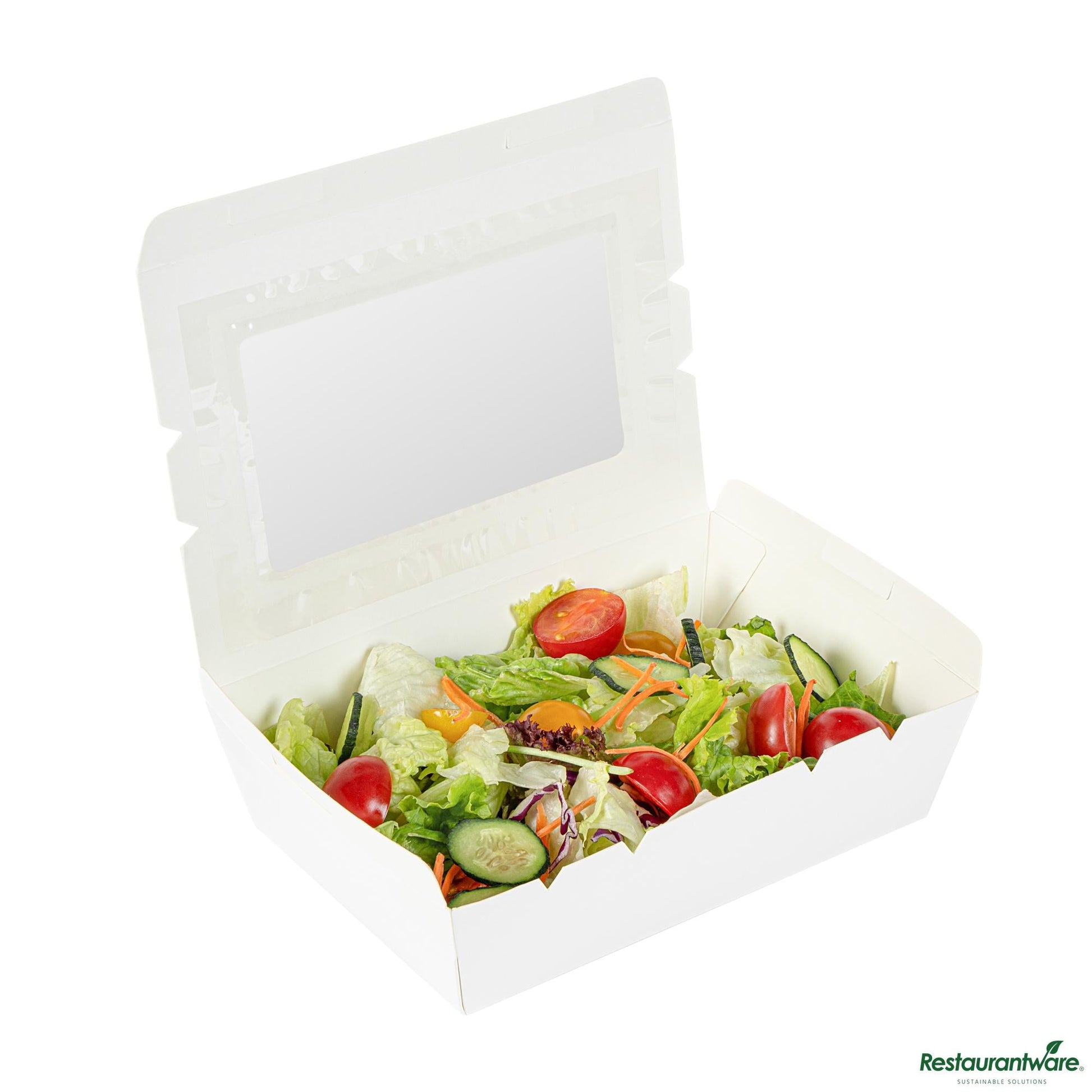 Wholesale Restaurantware Cafe Vision 42 Oz White Paper Medium Take Out Container - Hinge Lock - 8" X 5 1/2" X 2"- Bulk
