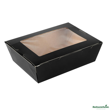Wholesale Restaurantware Cafe Vision 71 Oz Black Paper Large Take Out Container - Hinge Lock - 8 3/4" X 6 1/2" X 2 1/2"- Bulk