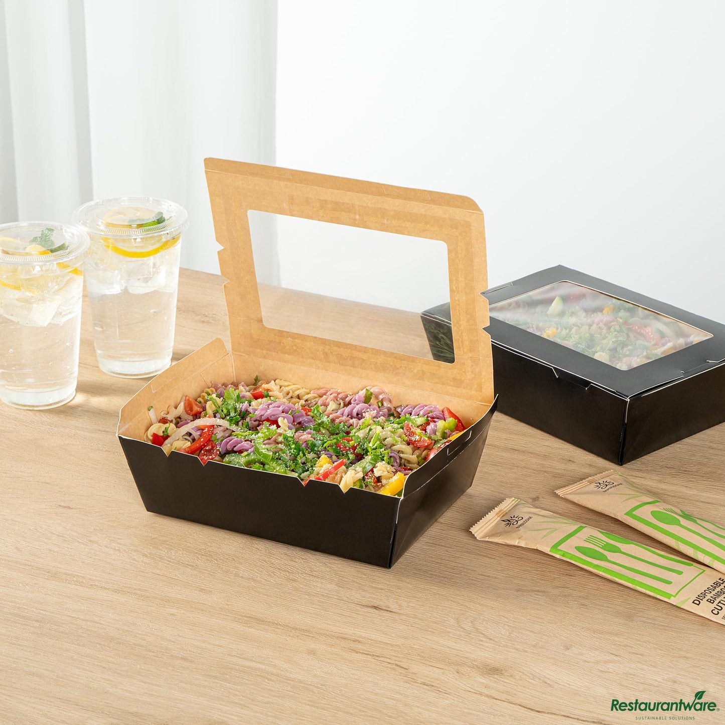Wholesale Restaurantware Cafe Vision 71 Oz Black Paper Large Take Out Container - Hinge Lock - 8 3/4" X 6 1/2" X 2 1/2"- Bulk
