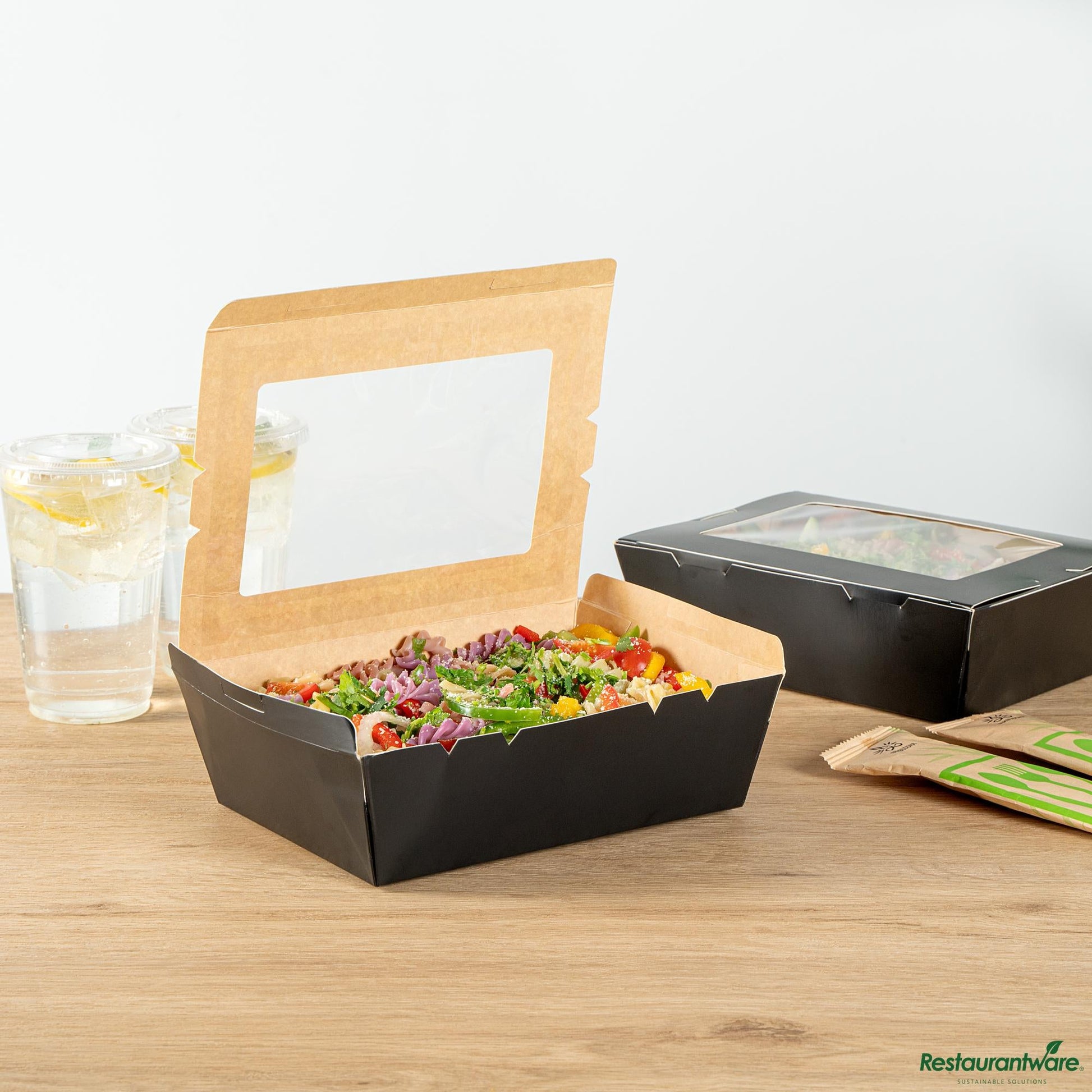 Wholesale Restaurantware Cafe Vision 71 Oz Black Paper Large Take Out Container - Hinge Lock - 8 3/4" X 6 1/2" X 2 1/2"- Bulk