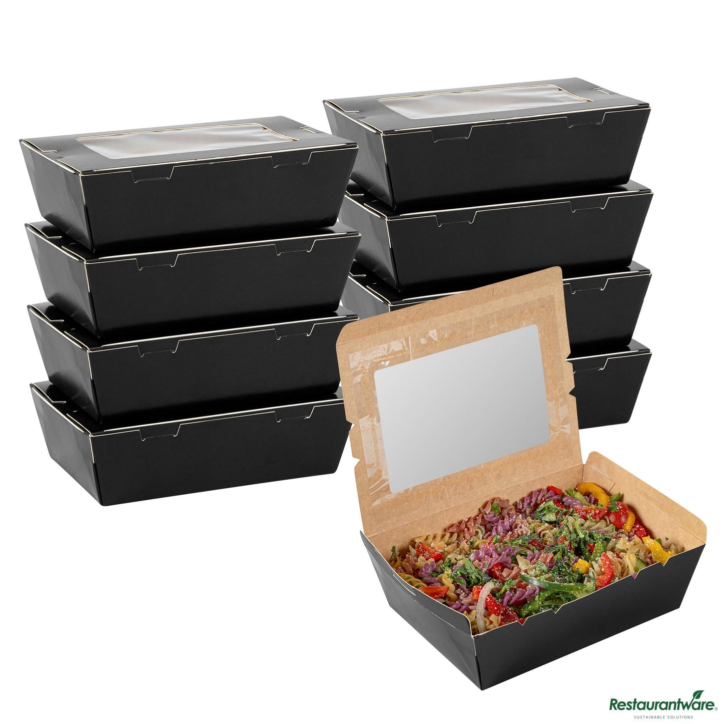 Wholesale Restaurantware Cafe Vision 71 Oz Black Paper Large Take Out Container - Hinge Lock - 8 3/4" X 6 1/2" X 2 1/2"- Bulk
