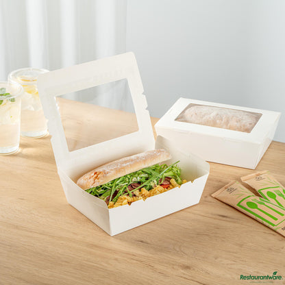 Wholesale Restaurantware Cafe Vision 71 Oz White Paper Large Take Out Container - Hinge Lock - 8 3/4" X 6 1/2" X 2 1/2"- Bulk