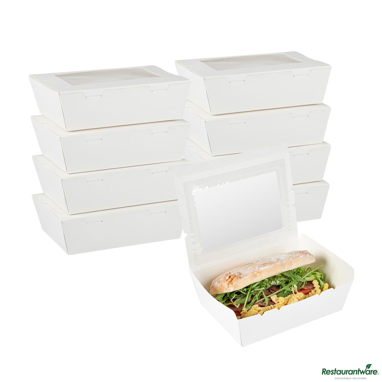 Wholesale Restaurantware Cafe Vision 71 Oz White Paper Large Take Out Container - Hinge Lock - 8 3/4" X 6 1/2" X 2 1/2"- Bulk