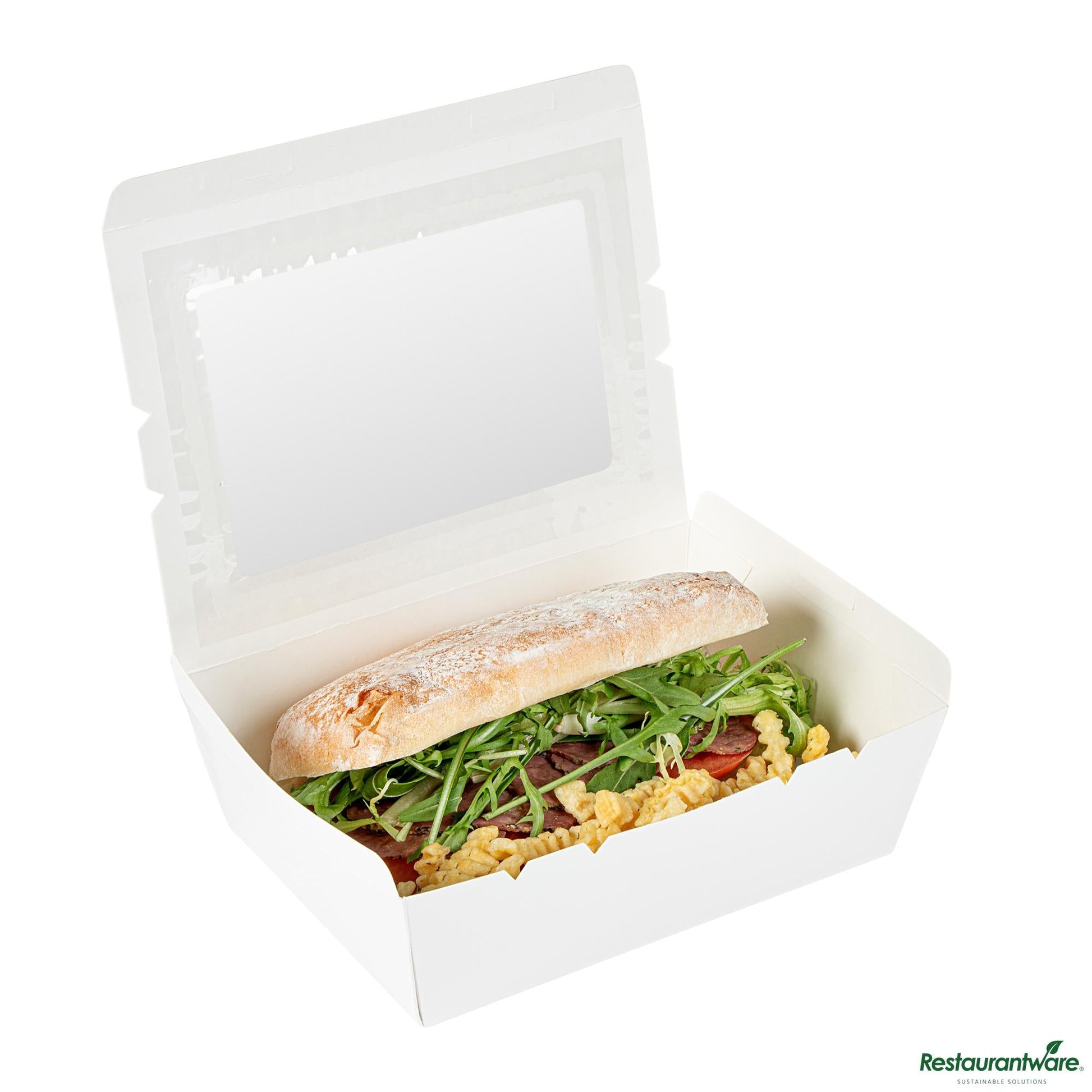 Wholesale Restaurantware Cafe Vision 71 Oz White Paper Large Take Out Container - Hinge Lock - 8 3/4" X 6 1/2" X 2 1/2"- Bulk