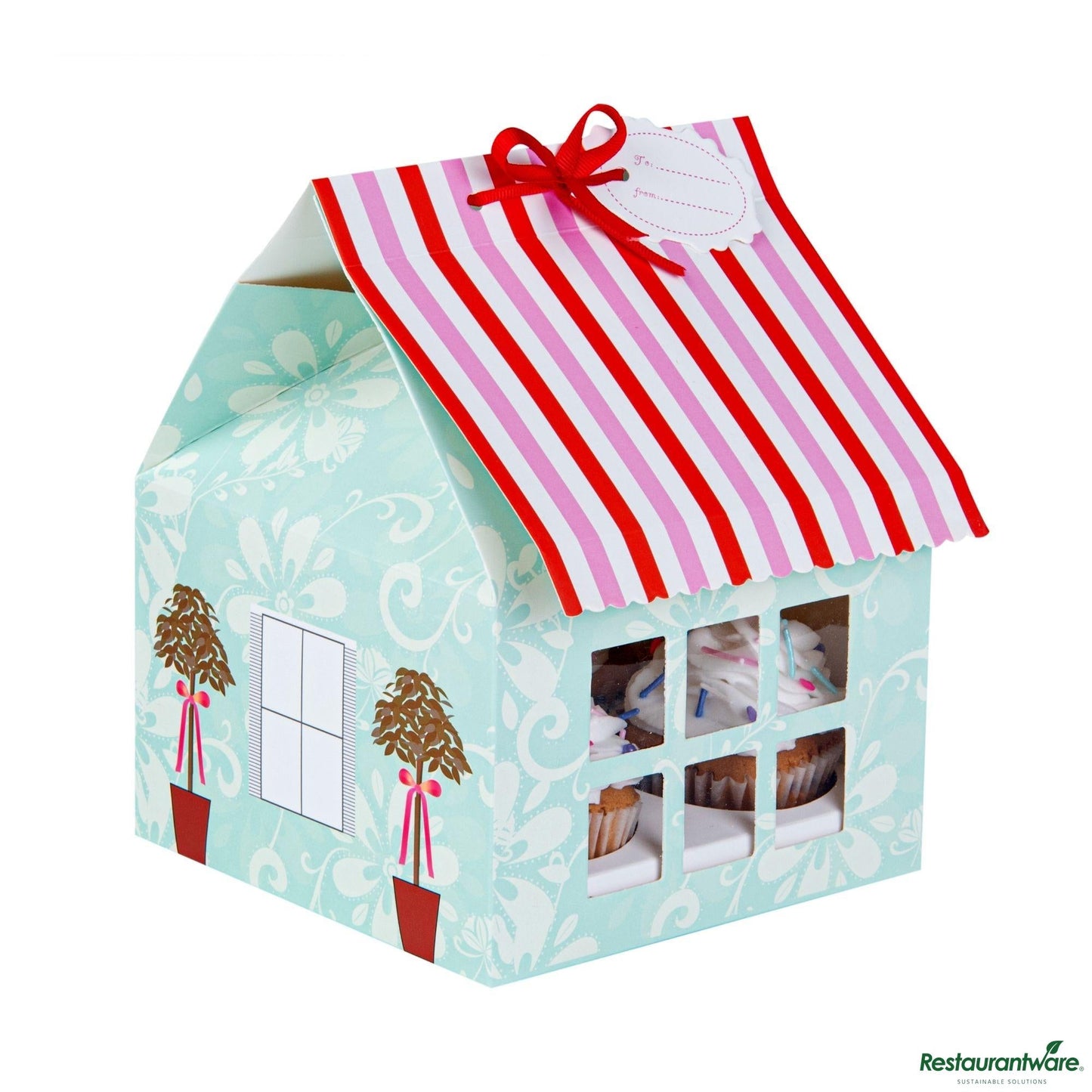 Wholesale Restaurantware Pastry Tek Pink and Blue Paper Petite House Cupcake Window Gift Box - Fits 4 - 6" X 6" X 7 3/4"- Bulk
