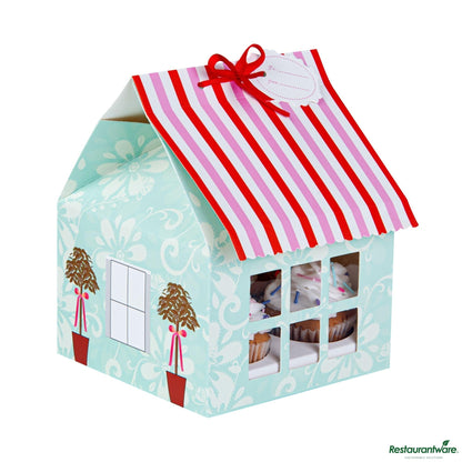 Wholesale Restaurantware Pastry Tek Pink and Blue Paper Petite House Cupcake Window Gift Box - Fits 4 - 6" X 6" X 7 3/4"- Bulk
