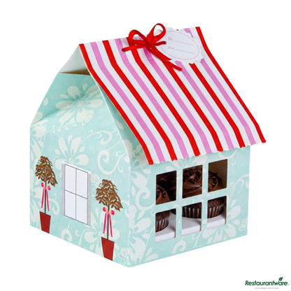 Wholesale Restaurantware Pastry Tek Pink and Blue Paper Petite House Cupcake Window Gift Box - Fits 4 - 6" X 6" X 7 3/4"- Bulk