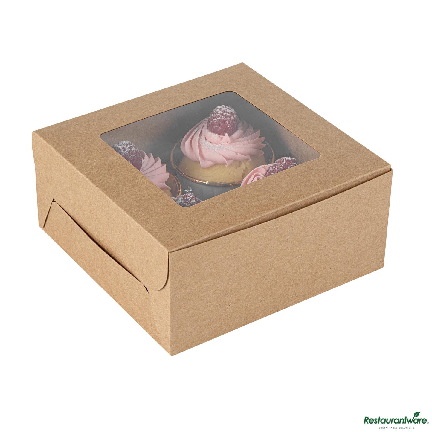Wholesale Restaurantware Cafe Vision Square Kraft Cupcake Window Box - Fits 4 - 6 1/4" X 6 1/4" X 3"- Bulk