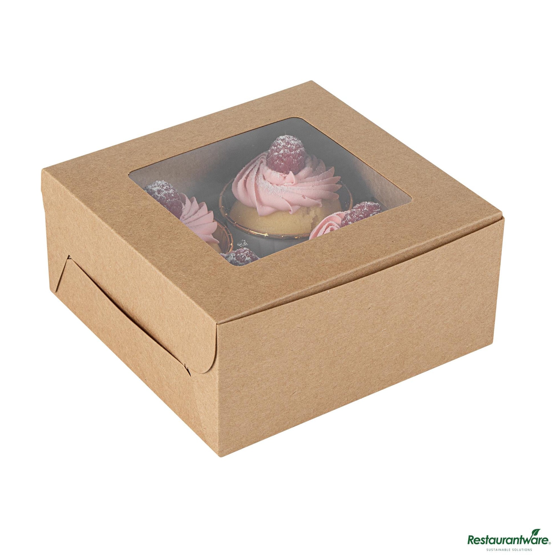 Wholesale Restaurantware Cafe Vision Square Kraft Cupcake Window Box - Fits 4 - 6 1/4" X 6 1/4" X 3"- Bulk