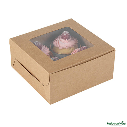 Wholesale Restaurantware Cafe Vision Square Kraft Cupcake Window Box - Fits 4 - 6 1/4" X 6 1/4" X 3"- Bulk