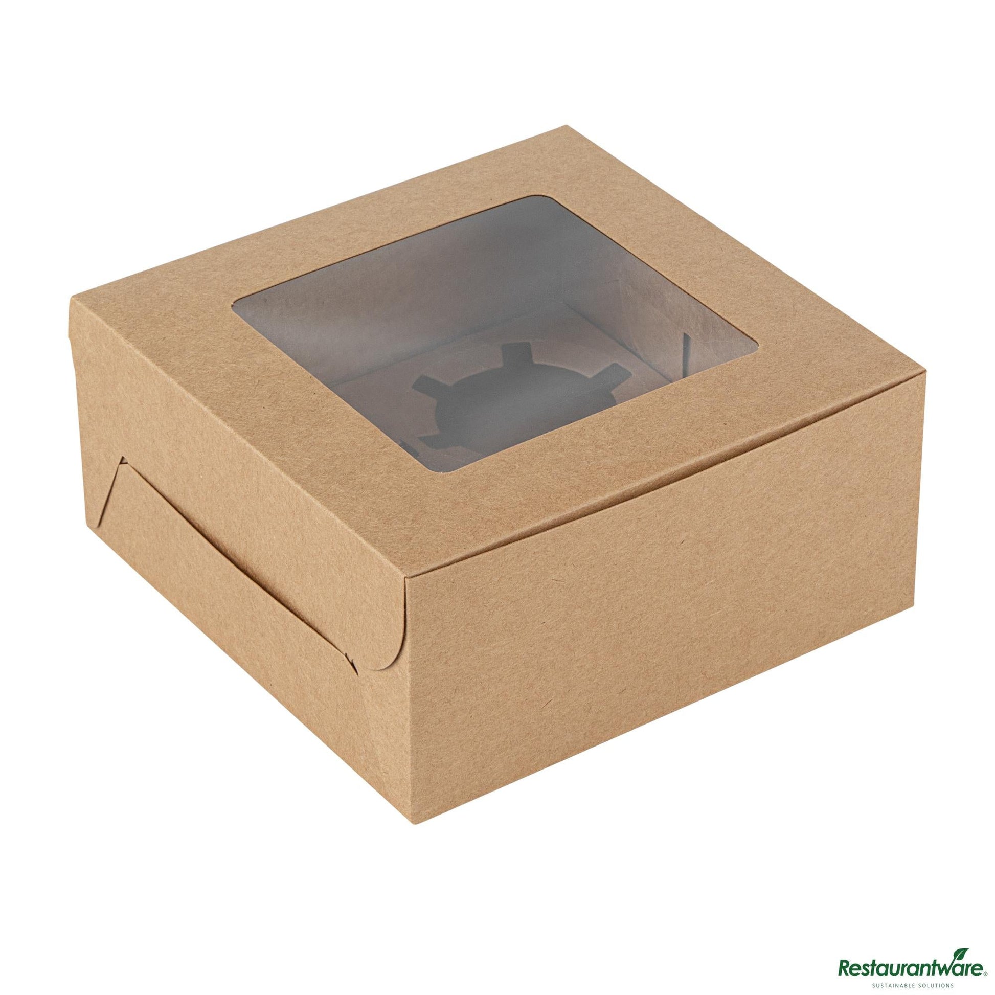 Wholesale Restaurantware Cafe Vision Square Kraft Cupcake Window Box - Fits 4 - 6 1/4" X 6 1/4" X 3"- Bulk