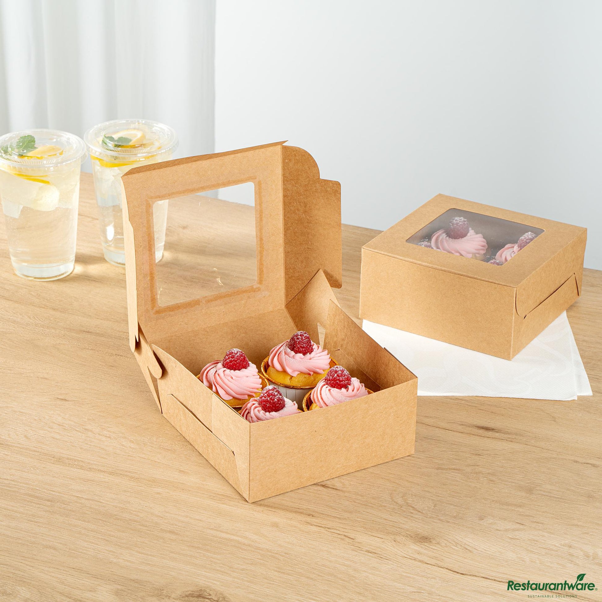Wholesale Restaurantware Cafe Vision Square Kraft Cupcake Window Box - Fits 4 - 6 1/4" X 6 1/4" X 3"- Bulk