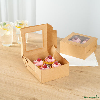 Wholesale Restaurantware Cafe Vision Square Kraft Cupcake Window Box - Fits 4 - 6 1/4" X 6 1/4" X 3"- Bulk