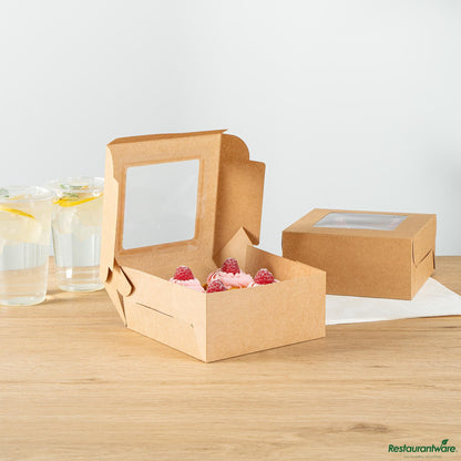 Wholesale Restaurantware Cafe Vision Square Kraft Cupcake Window Box - Fits 4 - 6 1/4" X 6 1/4" X 3"- Bulk