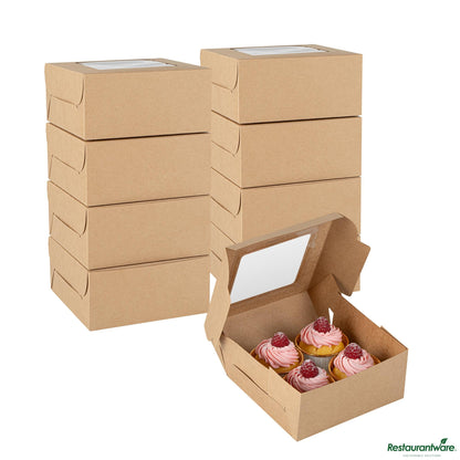 Wholesale Restaurantware Cafe Vision Square Kraft Cupcake Window Box - Fits 4 - 6 1/4" X 6 1/4" X 3"- Bulk