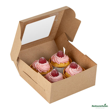 Wholesale Restaurantware Cafe Vision Square Kraft Cupcake Window Box - Fits 4 - 6 1/4" X 6 1/4" X 3"- Bulk