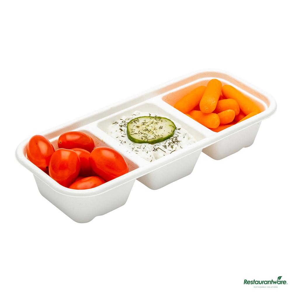 Wholesale Restaurantware 17 Oz White Sugarcane / Bagasse Catering Container - 3-Compartment - 9.2"×3.8"×1.8"- Bulk