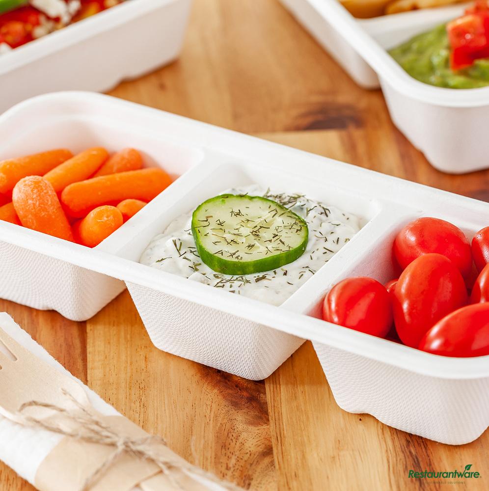 Wholesale Restaurantware 17 Oz White Sugarcane / Bagasse Catering Container - 3-Compartment - 9.2"×3.8"×1.8"- Bulk