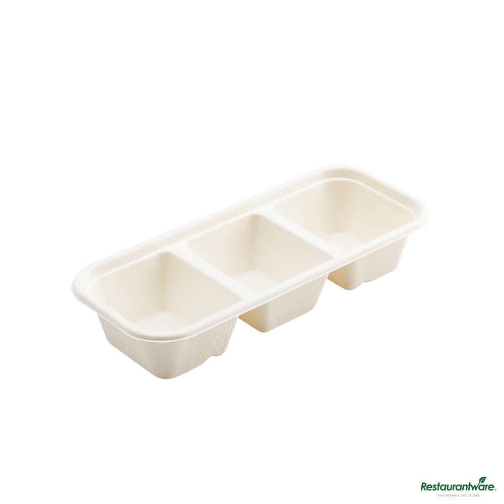 Wholesale Restaurantware 17 Oz White Sugarcane / Bagasse Catering Container - 3-Compartment - 9.2"×3.8"×1.8"- Bulk