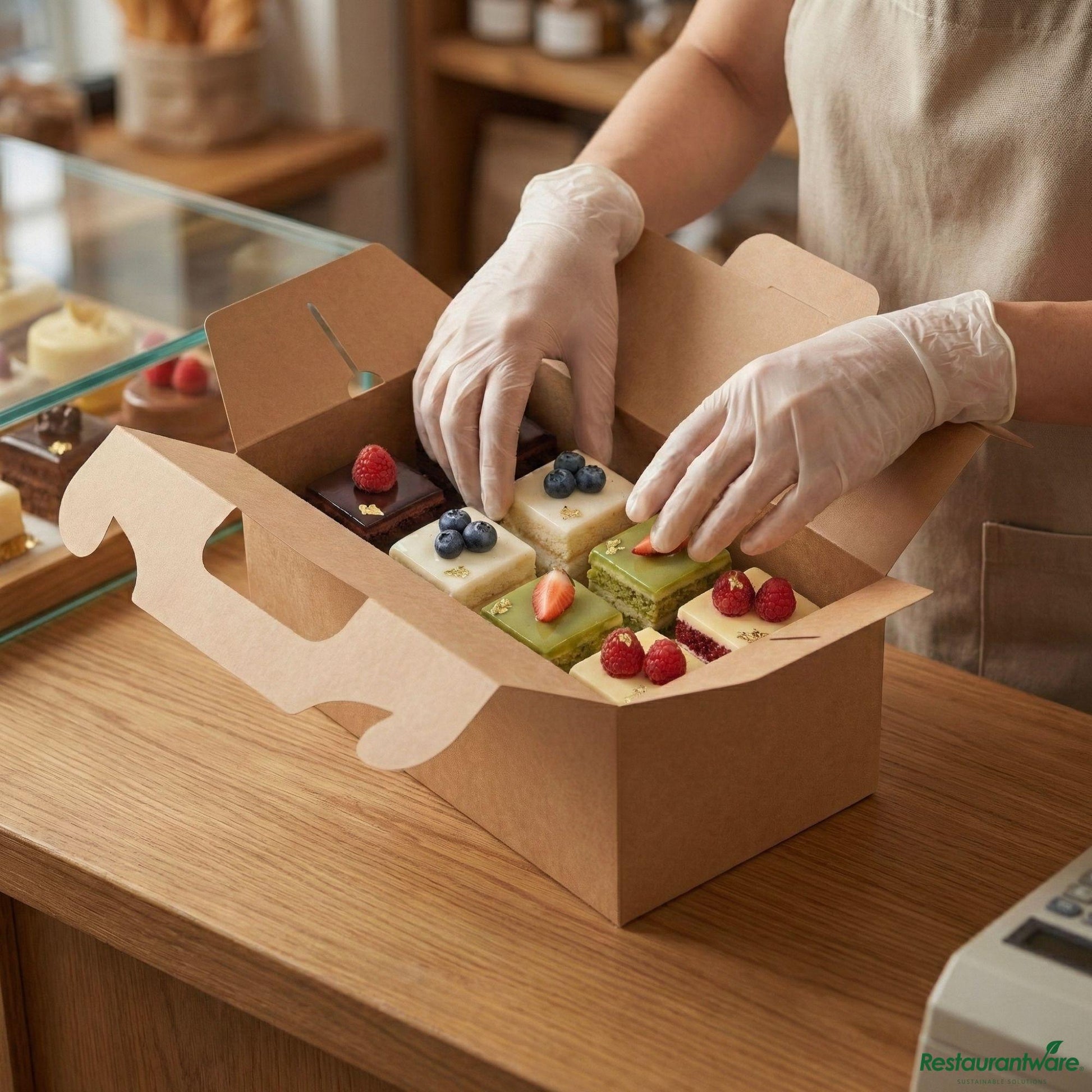 Wholesale Restaurantware Bio Tek Rectangle Kraft Paper Cake / Lunch Box - with Secure Tab Handle - 10 1/4" X 6" X 6 3/4"- Bulk