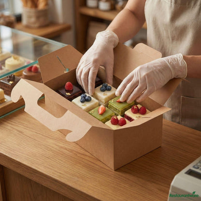 Wholesale Restaurantware Bio Tek Rectangle Kraft Paper Cake / Lunch Box - with Secure Tab Handle - 10 1/4" X 6" X 6 3/4"- Bulk