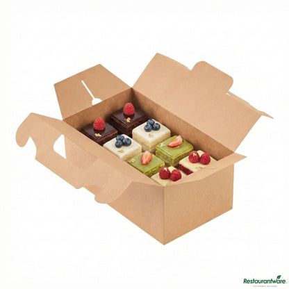 Wholesale Restaurantware Bio Tek Rectangle Kraft Paper Cake / Lunch Box - with Secure Tab Handle - 10 1/4" X 6" X 6 3/4"- Bulk