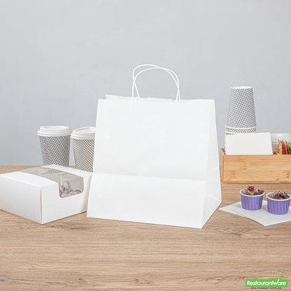 Wholesale Restaurantware Saving Nature White Paper Retail Bag - with Handles - 10 1/4" X 7 3/4" X 10 1/2" - 100 Count Box- Bulk