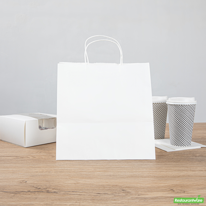 Wholesale Restaurantware Saving Nature White Paper Retail Bag - with Handles - 10 1/4" X 7 3/4" X 10 1/2" - 100 Count Box- Bulk
