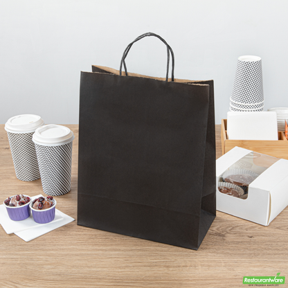 Wholesale Restaurantware Saving Nature Black Paper Retail Bag - with Handles - 10 1/4" X 5 1/2" X 12 1/2" - 100 Count Box- Bulk
