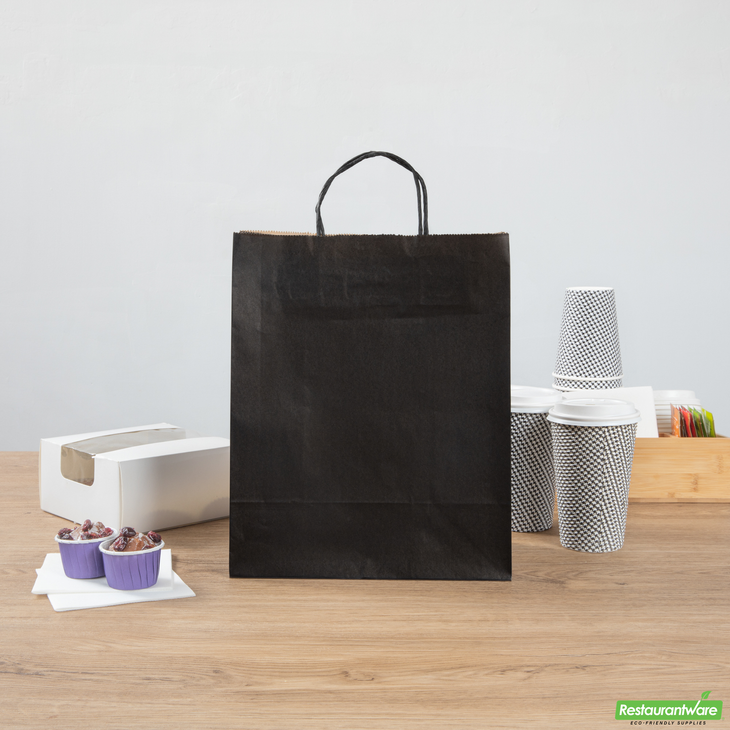 Wholesale Restaurantware Saving Nature Black Paper Retail Bag - with Handles - 10 1/4" X 5 1/2" X 12 1/2" - 100 Count Box- Bulk