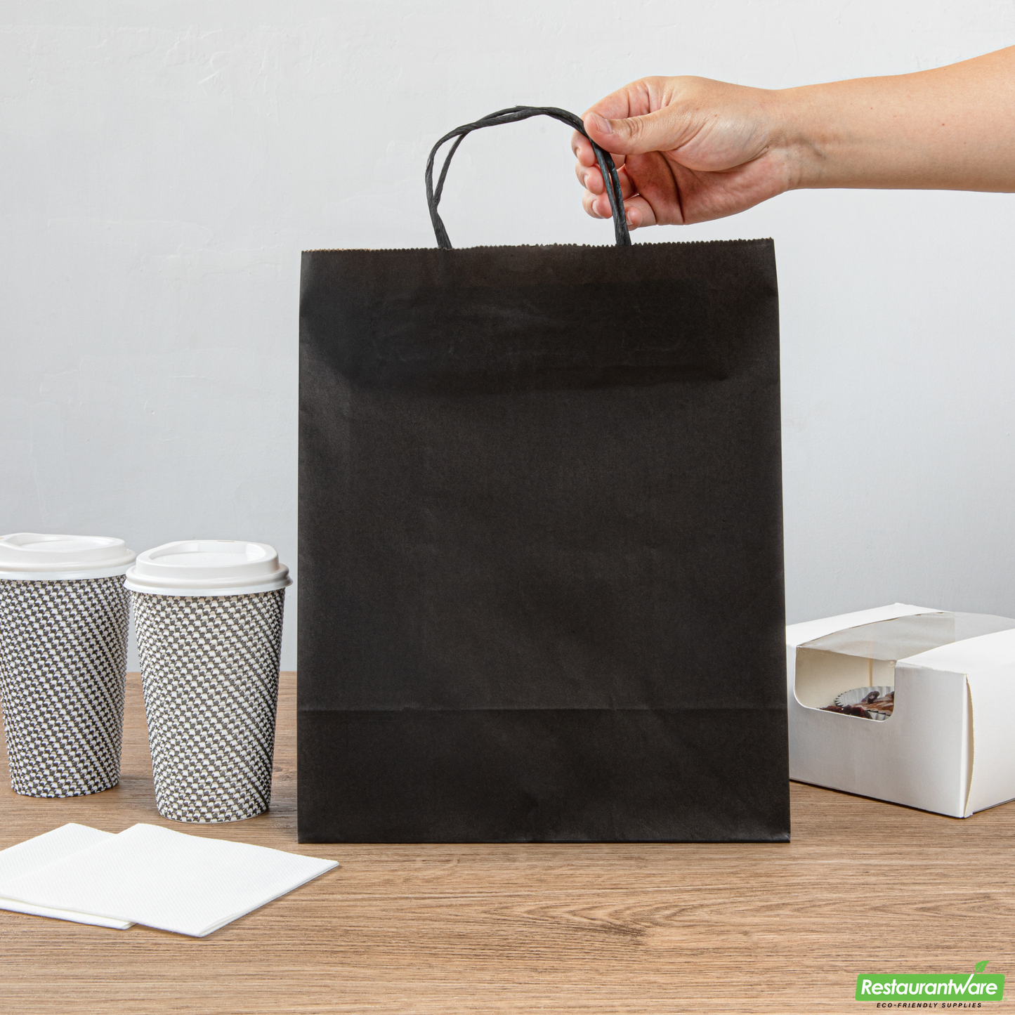Wholesale Restaurantware Saving Nature Black Paper Retail Bag - with Handles - 10 1/4" X 5 1/2" X 12 1/2" - 100 Count Box- Bulk