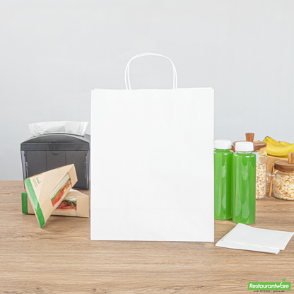 Wholesale Restaurantware Saving Nature White Paper Retail Bag - with Handles - 10 1/4" X 5 1/2" X 12 1/2" - 100 Count Box- Bulk