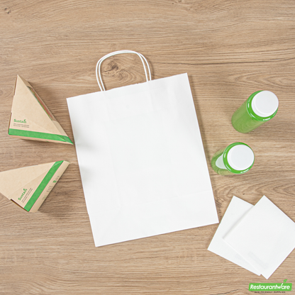 Wholesale Restaurantware Saving Nature White Paper Retail Bag - with Handles - 10 1/4" X 5 1/2" X 12 1/2" - 100 Count Box- Bulk