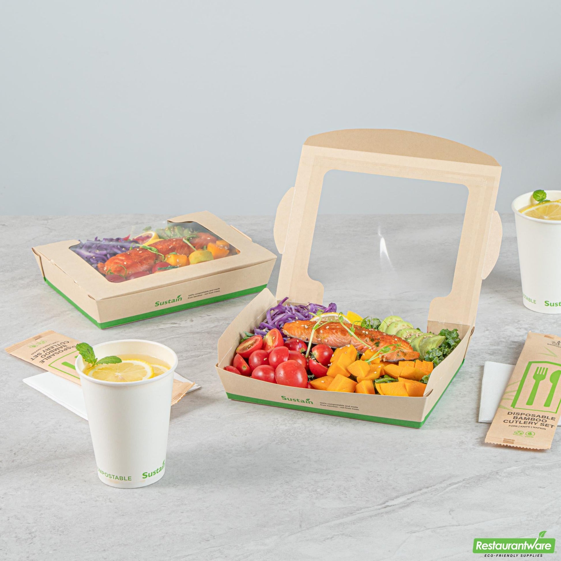 Wholesale Restaurantware 40 Oz Bamboo Paper Large Bio Salad Box - 8.3" X 6.3" X 1.6"- Bulk