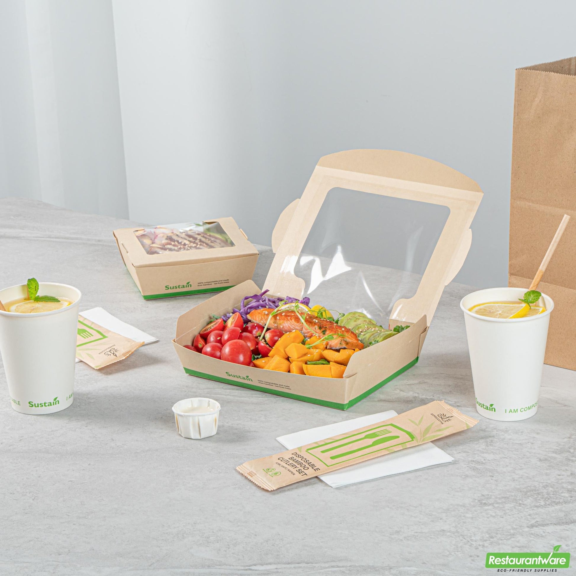 Wholesale Restaurantware 40 Oz Bamboo Paper Large Bio Salad Box - 8.3" X 6.3" X 1.6"- Bulk