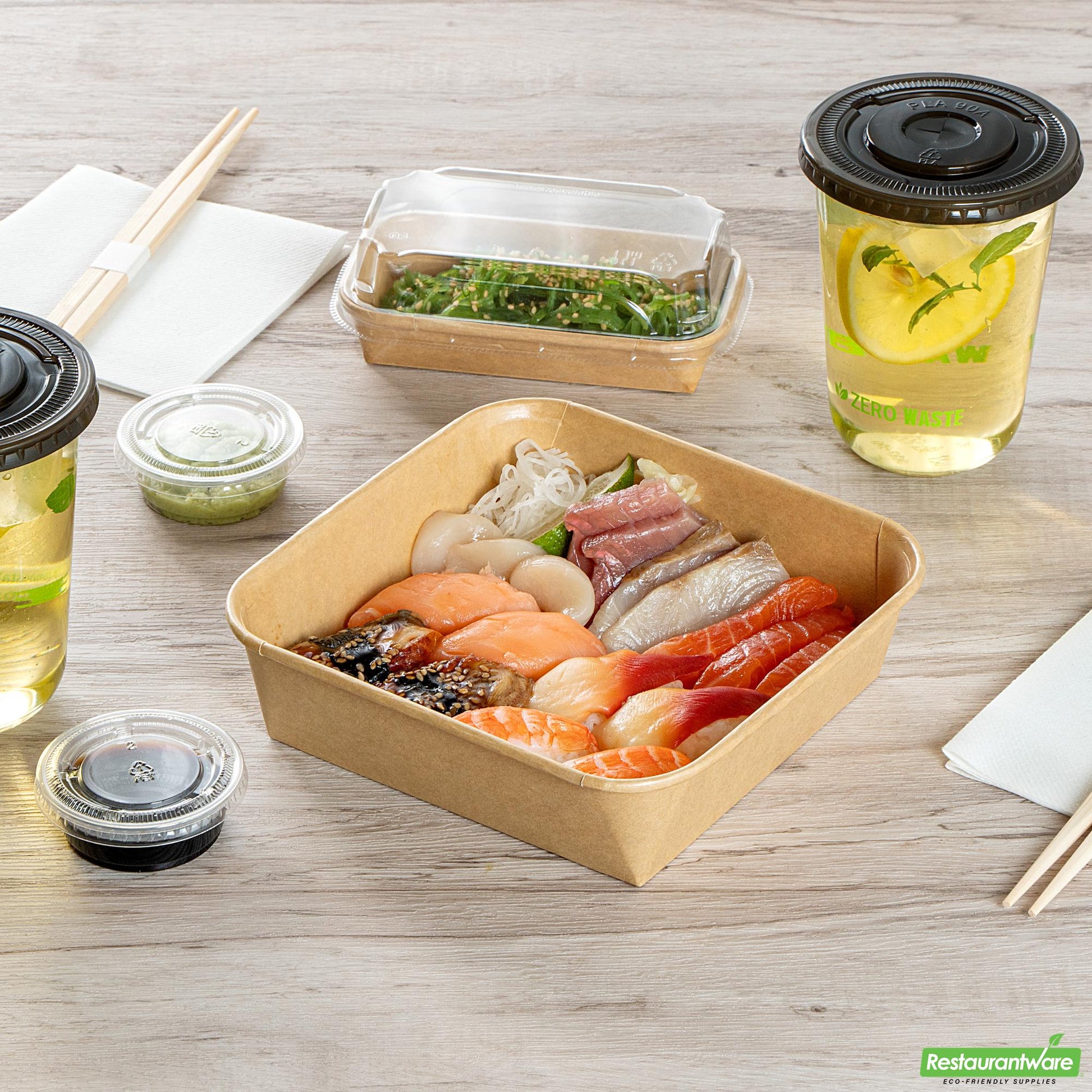 Wholesale Restaurantware 34 Oz Square Kraft Paper Sushi Container - 6.9" X 6.9" X 1.9"- Bulk
