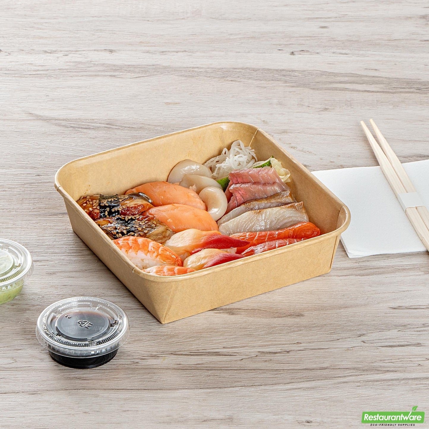 Wholesale Restaurantware 34 Oz Square Kraft Paper Sushi Container - 6.9" X 6.9" X 1.9"- Bulk