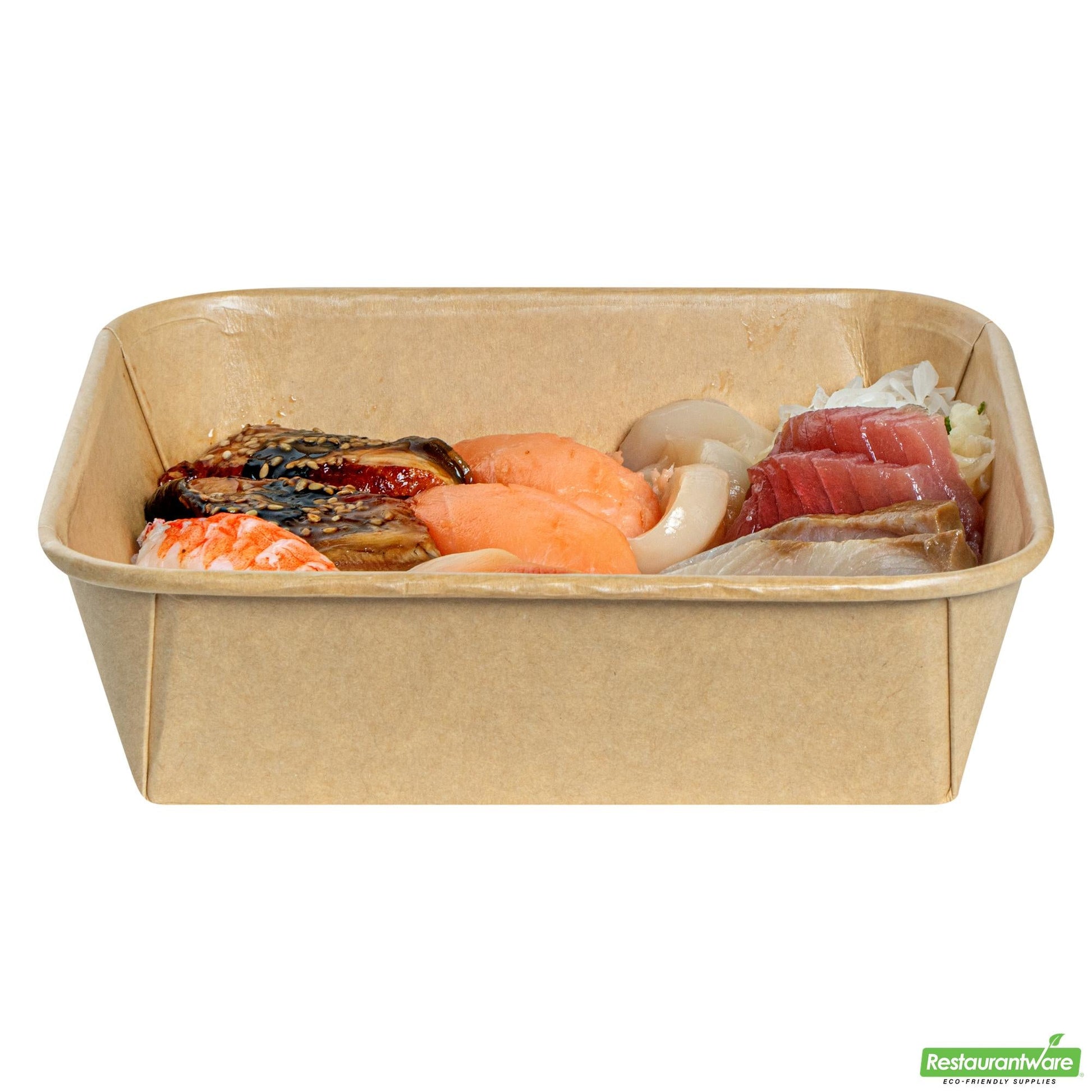 Wholesale Restaurantware 34 Oz Square Kraft Paper Sushi Container - 6.9" X 6.9" X 1.9"- Bulk