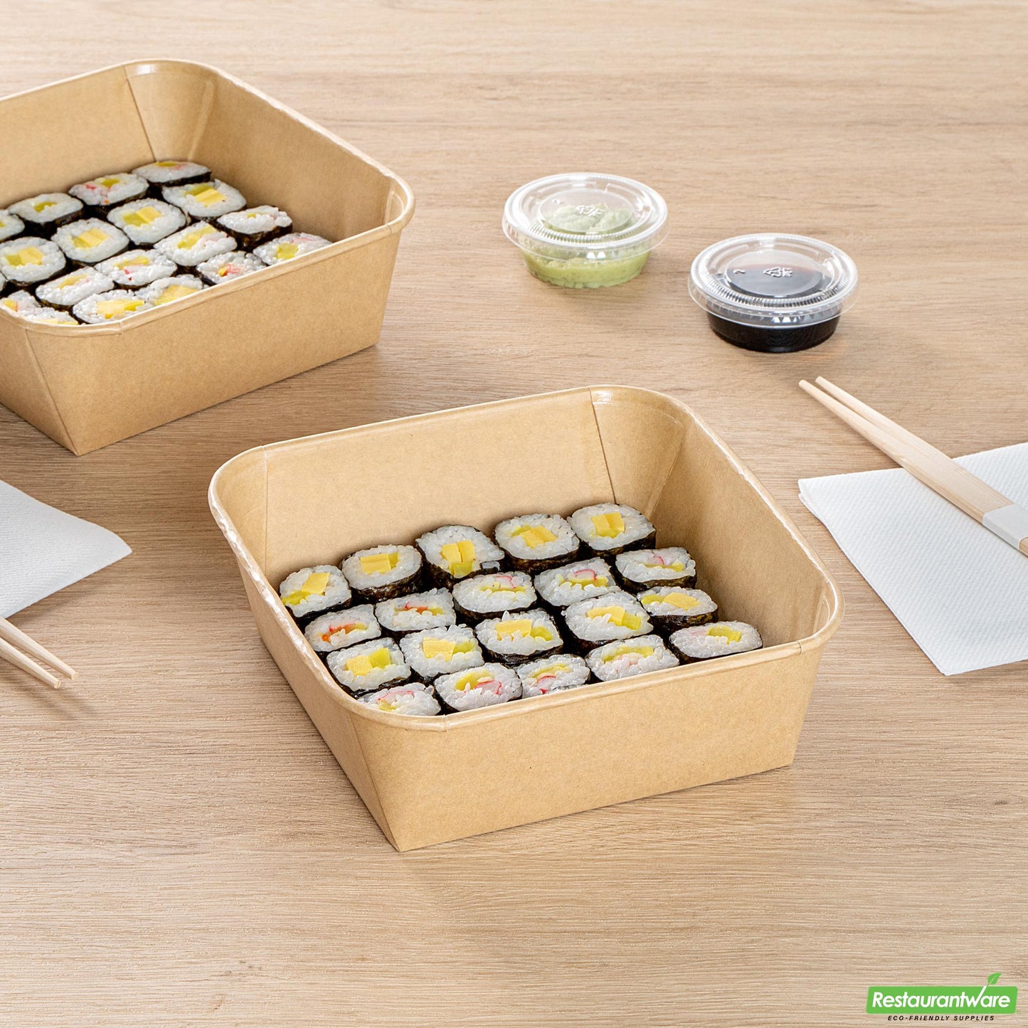 Wholesale Restaurantware 45 Oz Square Kraft Paper Sushi Container - 6.9" X 6.9" X 2.3"- Bulk
